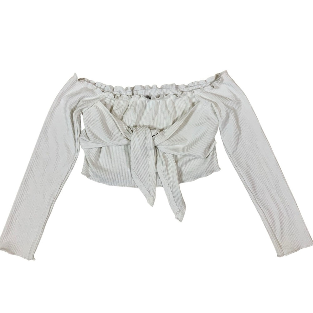 Runaway White Off Shoulder Long Sleeve Ribbed Tie Front Crop Top‎ Boho Medium